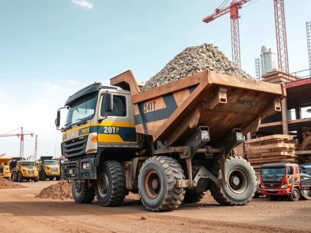 Realistic high-resolution photo of a dump truck unloading materials at a construction site, with a focus on the truck and the materials being dumped. The background shows a clear sky and a busy construction environment, showcasing active work operations.