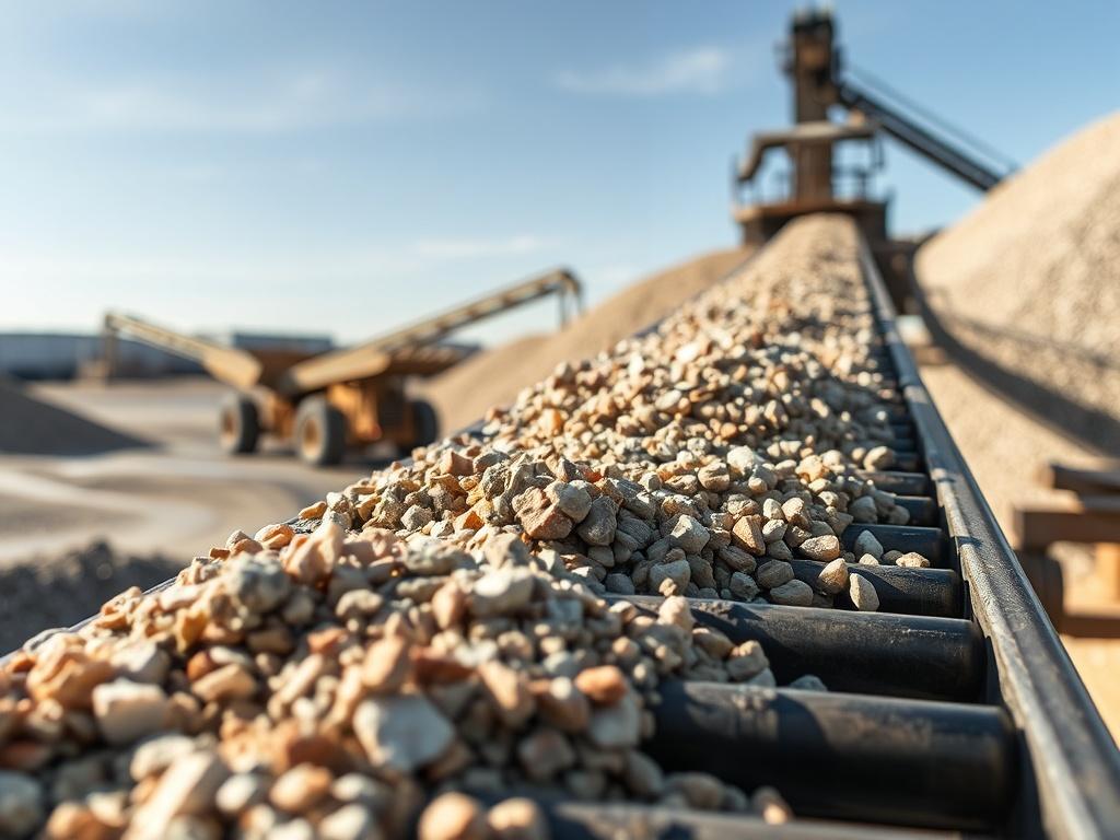 A realistic high-resolution image showing a conveyor belt transporting various aggregate materials at a mining site. The focus should be on the different textures and colors of the aggregates, with a backdrop of mining equipment and a blue sky, capturing an active and productive environment.