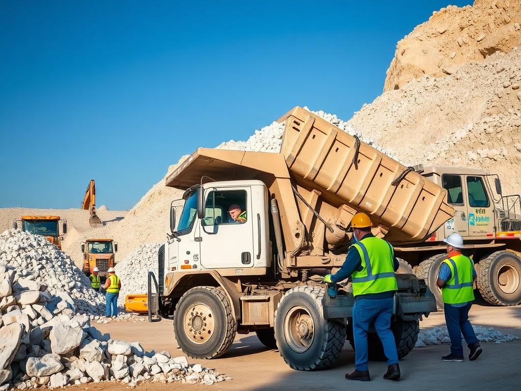 A high-resolution image of a dump truck unloading bulk limestone at a construction site. The scene should depict a busy construction environment with workers in hard hats and safety gear, surrounded by limestone piles. The background should show a clear blue sky and equipment in use, emphasizing the industrial setting.