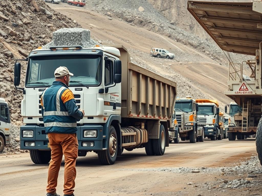 A high-resolution image of a logistics coordinator overseeing the loading of aggregate materials into a truck at a mining facility. The scene should include trucks ready for departure and a busy operational background, illustrating the efficiency and organization of hauling services.