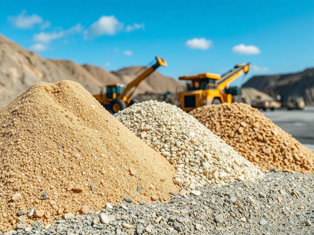 A high-resolution image of different types of aggregate materials, like sand, gravel, and crushed stone, displayed in separate piles at a construction yard. The background features a clear sky and industrial machinery, showcasing an active mining operation.
