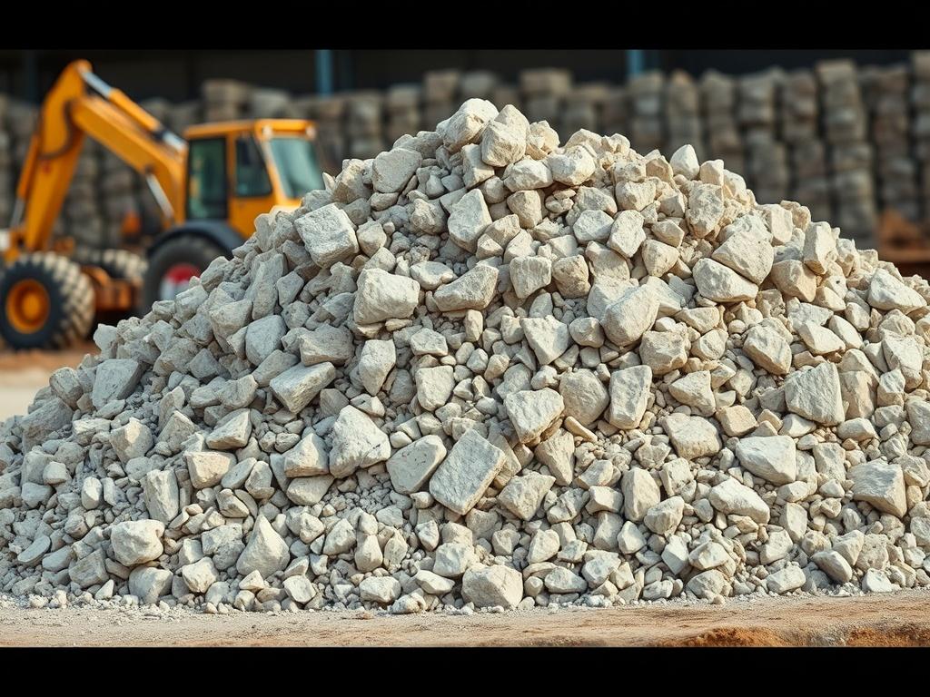 A high-resolution image of a pile of lime rock on a construction site, showcasing its dense texture and earthy colors, with construction equipment in the background.