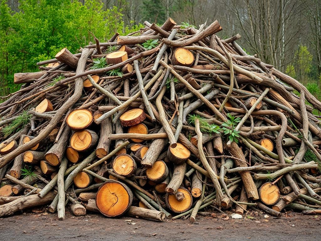 A realistic high-resolution photo of a large pile of green waste, featuring tree stumps, limbs, and branches. The composition should focus on the pile of green waste against a natural outdoor background, with earthy tones and textures. The image should reflect a grounded, rustic aesthetic, showcasing the organic material in a clear and straightforward manner.