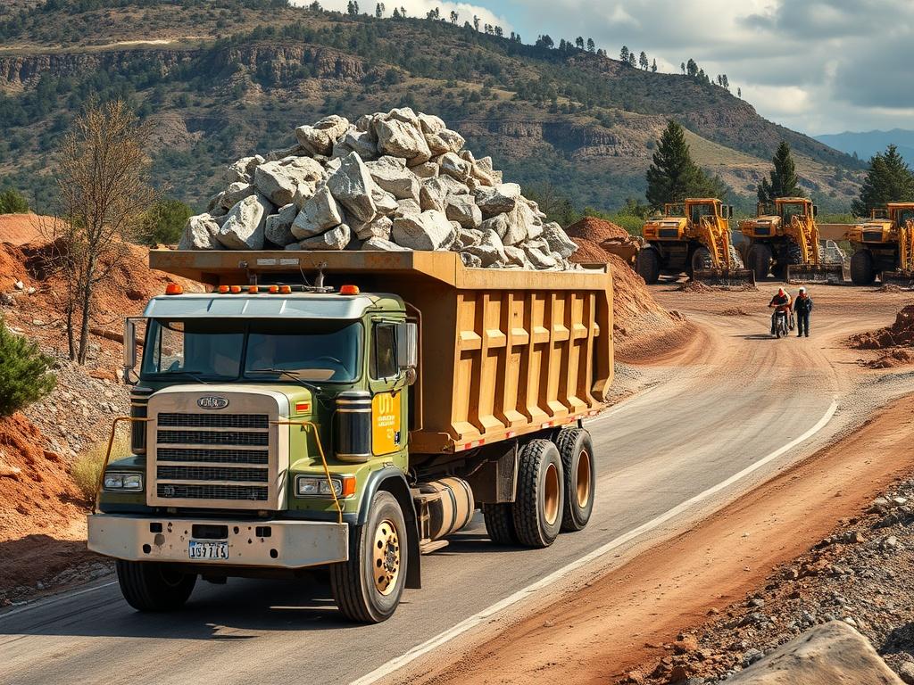 A high-resolution image of a hauling truck loaded with limestone materials, driving on a road towards a construction site. The background should feature a scenic view of a construction area with workers and equipment, showcasing the hauling process in action.