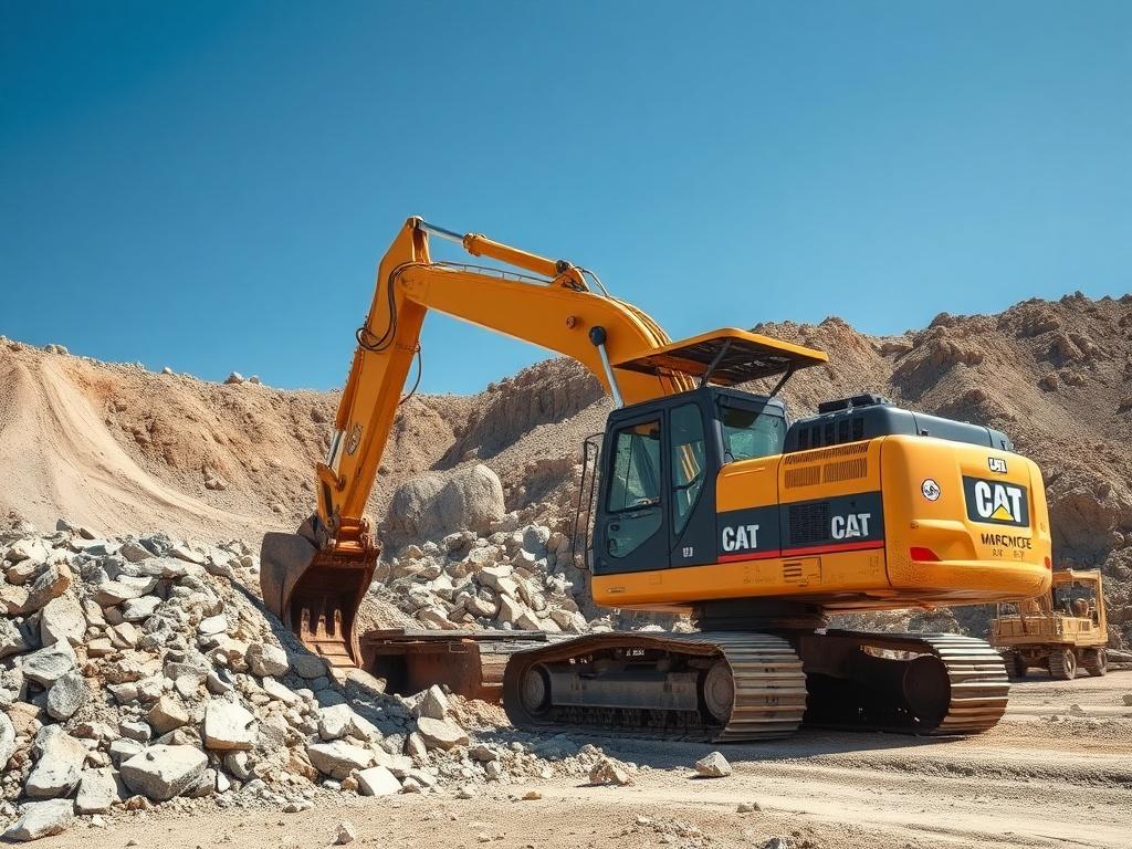 A high-resolution image of an excavator actively mining limestone in a quarry. The excavator should be the main focus, showcasing its powerful arm digging into a pile of limestone, with a backdrop of rugged earth and a clear blue sky. The scene should convey the strength and reliability of the mining operation, emphasizing the natural textures of the limestone and the machinery in action.