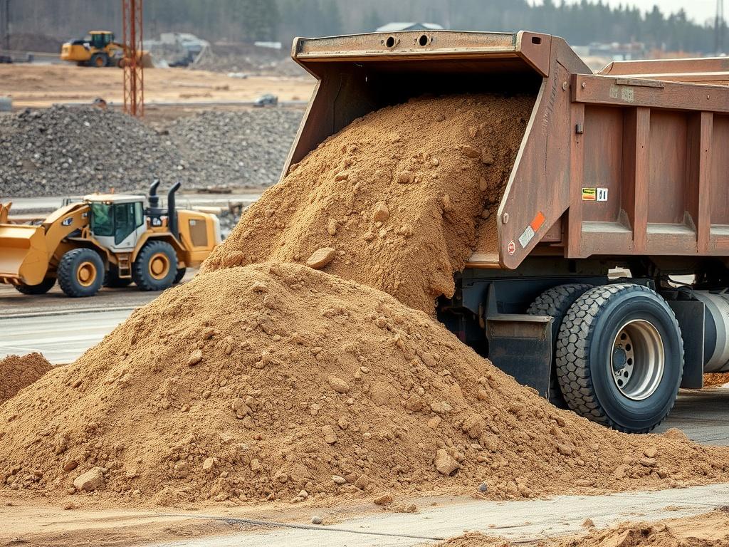 A realistic high-resolution photo of a dump truck unloading screened fill dirt at a construction site. The scene should include a clear view of the dirt being poured onto a leveled area, with a soft background of a construction site featuring machinery and earth moving equipment. The photo should capture the earthy textures of the dirt, emphasizing its uniform size and density, with natural tones that complement a rustic aesthetic.
