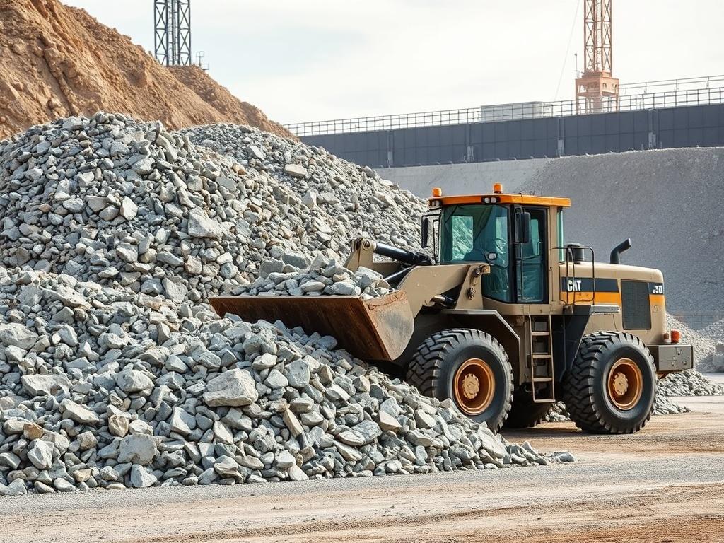 A realistic high-resolution photo showing a large pile of base rock at a construction site, with a heavy loader in action, moving the rocks. The background should be an industrial setting, with earthy tones and textures that reflect a grounded, rustic aesthetic. The lighting should be natural, highlighting the ruggedness of the materials and machinery. The image should evoke a sense of strength and reliability, making it clear that this is a working site for quality aggregates.