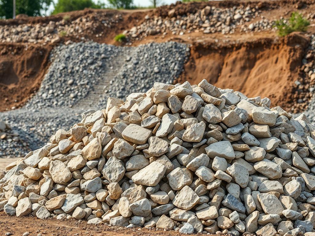 A realistic high-resolution photo of a large pile of rip-rap stones at a construction site. The image should capture the rough texture and earthy colors of the stones, with natural lighting emphasizing their size and durability. In the background, there should be a clear view of a slope being stabilized, showing the application of the stones for erosion control and drainage. The composition should be simple and focused on the stones as the main subject.