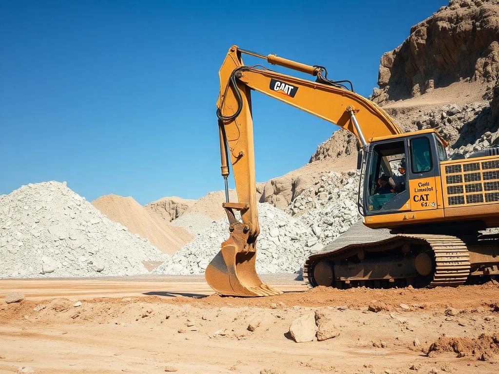 A high-resolution image of a limestone mining operation in Central Florida, featuring a large excavator digging into the earth, with piles of lime rock, fill dirt, and crushed concrete in the background. The scene should be set under a clear blue sky, capturing the rugged beauty of the mining process. Use natural earthy tones with a rustic aesthetic for the surroundings.