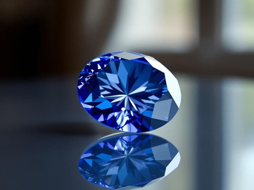 A hyper-realistic close-up of a stunning sapphire gemstone on a reflective surface, showcasing its brilliance and color, shot with a 45mm f/1.2 lens, background elegantly blurred.