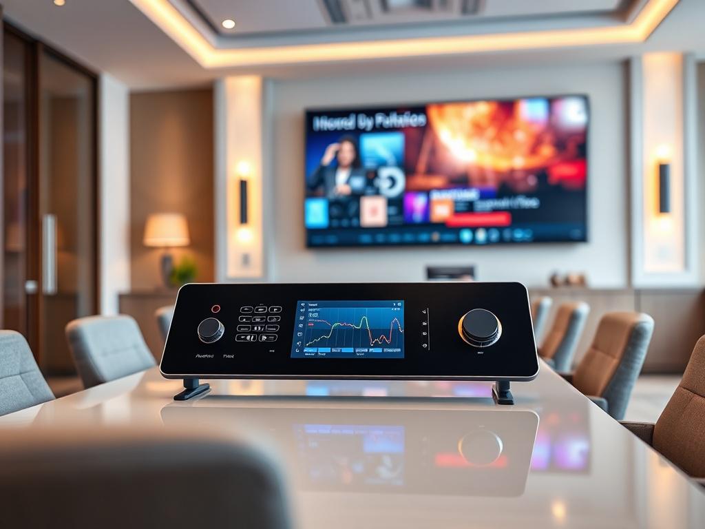 A close-up shot of a sleek, modern audio video integration system installed in a conference room. The focus is on a high-tech control panel with touch screen interface, surrounded by elegant decor. The room has a contemporary design with soft lighting and a minimalist aesthetic. The background features a large screen displaying a vibrant presentation, showcasing the system's capabilities. The image is captured with a 45mm f/1.2 lens style, emphasizing clarity and detail.