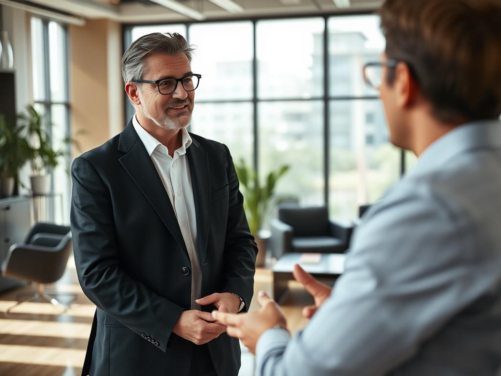 A professional consultant in a modern office setting, engaging in a discussion with a client. The consultant is wearing business attire, with a confident and approachable demeanor. The background features sleek office furniture and a large window letting in natural light, creating a warm and inviting atmosphere. The focus is on the consultant, capturing a close-up shot with a blurred background to emphasize professionalism and collaboration.