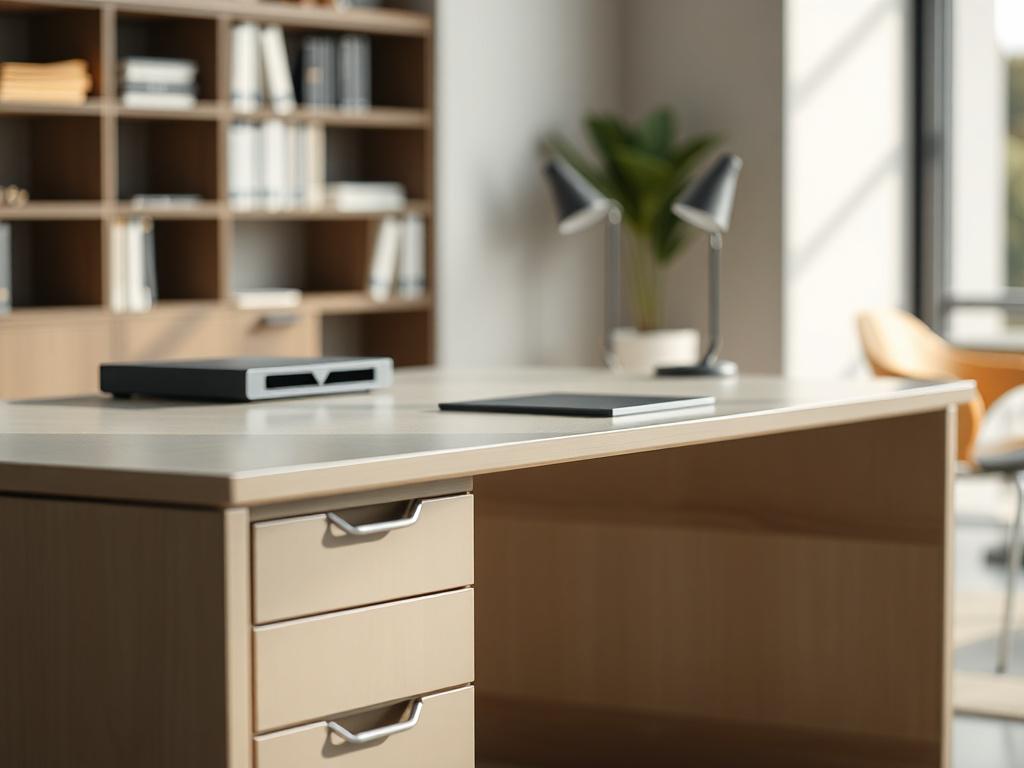 A close up shot of a sleek modular desk with