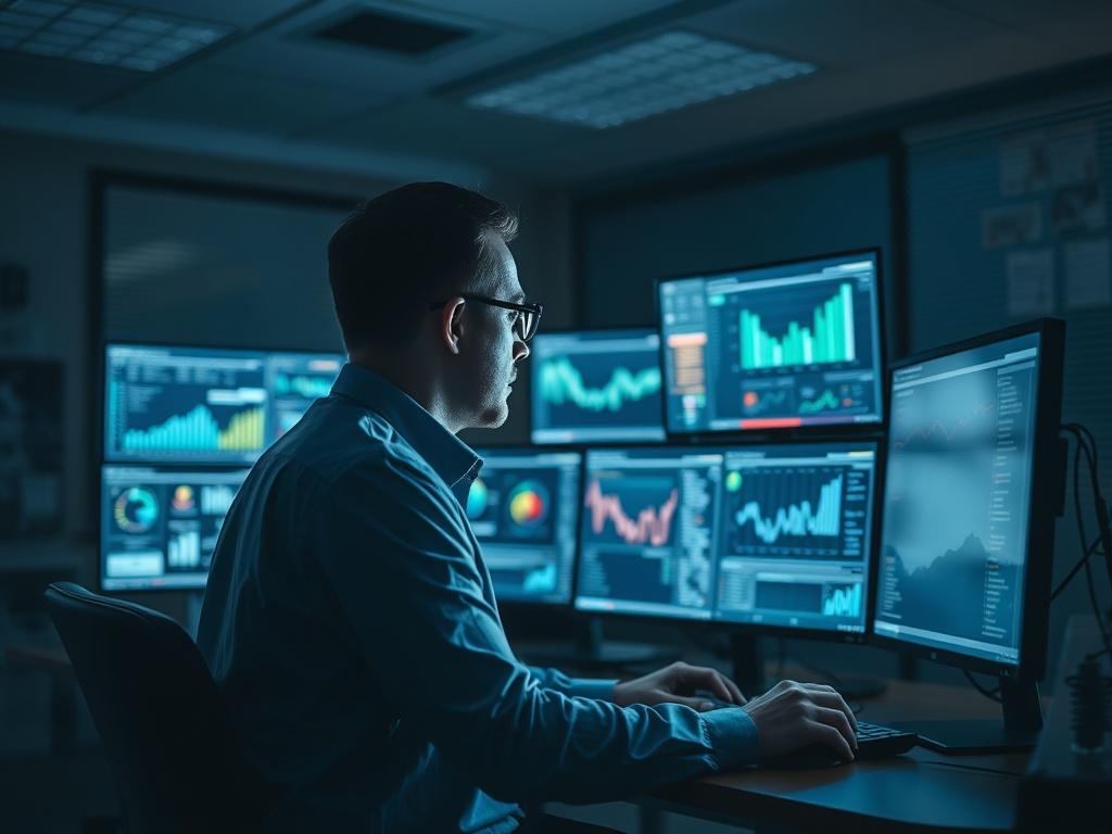 A professional investigator analyzing data on multiple monitors in a