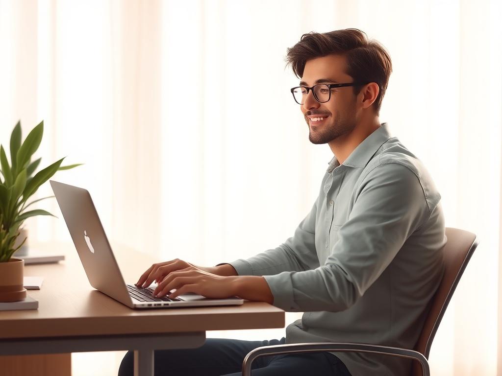 A person sitting at a desk, looking relieved while using