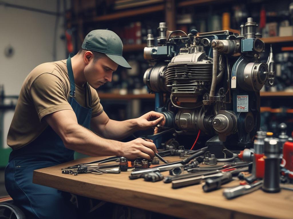 realistic high resolution of a motor technician inspecting a motor,