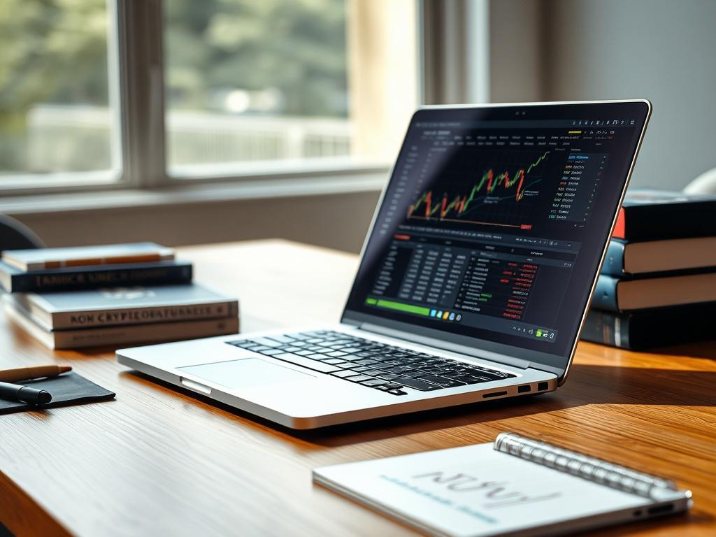 A close-up shot of a sleek laptop open on a wooden desk, displaying a cryptocurrency trading interface. The background is softly blurred to highlight the laptop, with a few cryptocurrency books and a notepad with trading notes placed beside it. The lighting is bright and natural, emphasizing the modern and educational aspect of financial trading. The primary color rgb(50, 170, 39) subtly accentuates the scene.