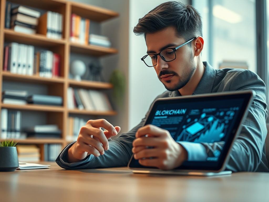 Create a realistic high-resolution photo that embodies the theme of "Understanding Blockchain Technology." The image should feature a close-up shot of a person (one subject) intently studying a digital tablet with blockchain-related graphics displayed on the screen. The subject, a professional-looking individual with a thoughtful expression, should be seated at a modern desk, wearing business casual attire, with a focus on their hands interacting with the tablet.

In the background, softly blurred shelves f