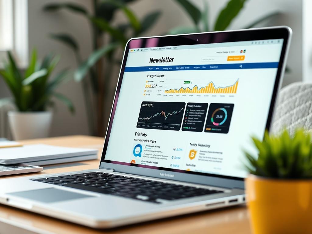 A close-up shot of a laptop screen displaying a well-organized newsletter layout with cryptocurrency information and charts. The background should show a comfortable workspace, with a hint of greenery, creating a productive environment. The image should be bright and inviting.