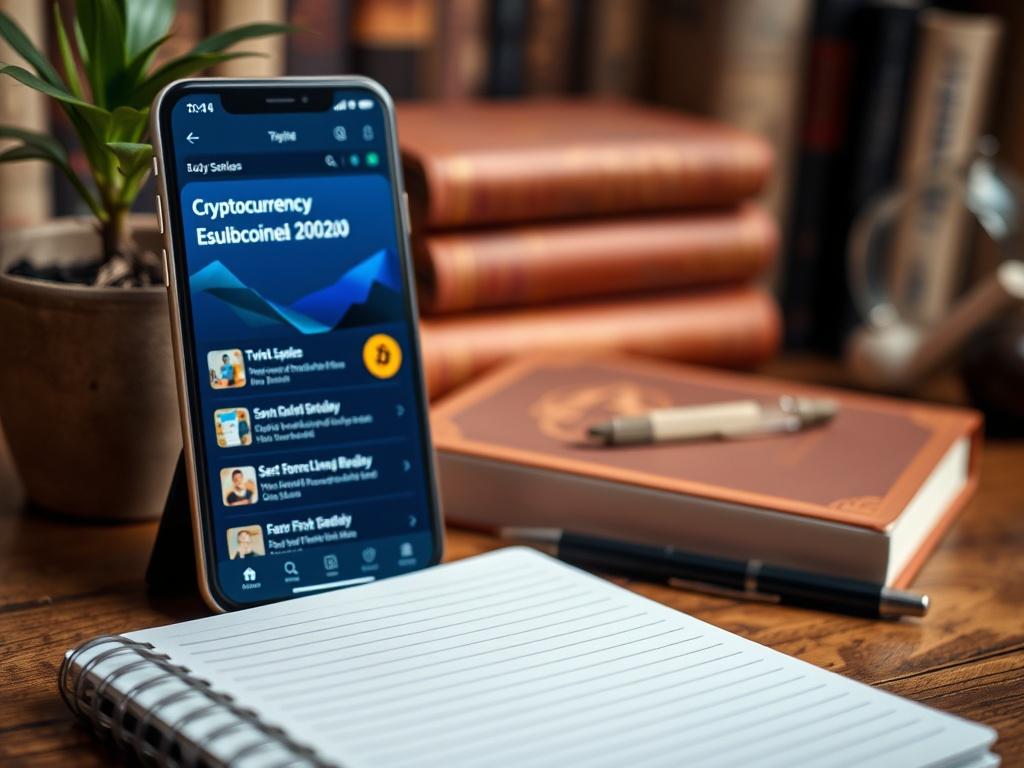 A close-up shot of a notebook and pen next to a smartphone displaying cryptocurrency educational content. The background should feature a cozy study environment, with books and a plant, enhancing the learning atmosphere. The image should be warm and inviting.