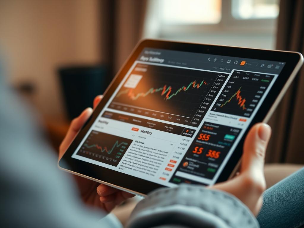 A close-up shot of a person reading a digital newsletter on a tablet, with a focus on the screen displaying cryptocurrency charts and market news. The background should be softly blurred, emphasizing the tablet and the content being read, with soft, natural lighting to create a warm and inviting atmosphere.