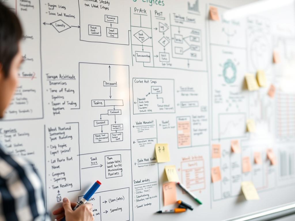 A close-up shot of a whiteboard filled with technical architecture diagrams and flowcharts, illustrating the design of a trading system. The image should convey a sense of innovation and planning, with markers and notes scattered around, emphasizing the collaborative effort in developing the system.