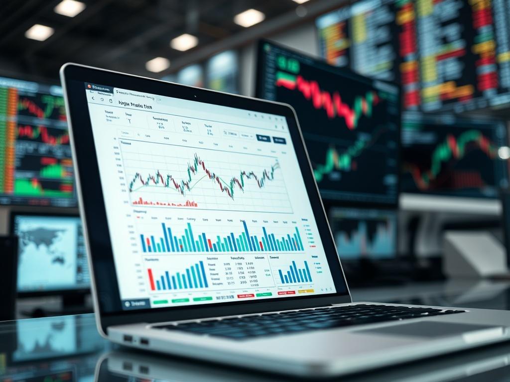 A high-resolution close-up of a laptop screen displaying complex trading software with API integration graphs and analytics. The background should have a blurred view of a professional trading environment with multiple monitors showing stock market trends and data. The focus should highlight the sophistication of the trading software.