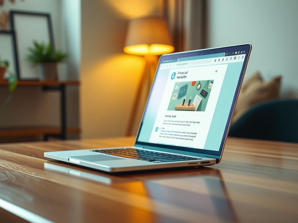 Create a realistic high-resolution close-up photograph of a single, sleek laptop open on a polished wooden desk. The laptop screen should display a visually appealing email client interface with an inbox featuring a highlighted email titled "Financial Insights Newsletter." The laptop should be positioned towards the right side of the frame, leaving ample negative space on the left. 

In the background, softly blur a cozy and modern home office setting with a hint of greenery, such as a small potted plant on