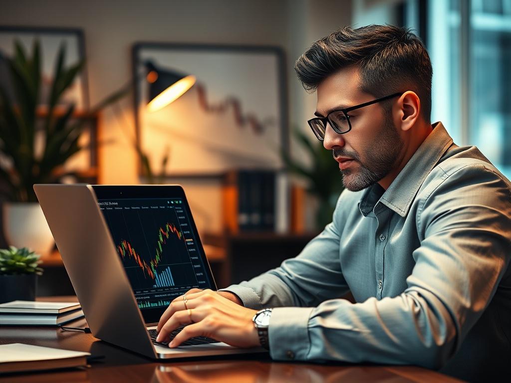 A close-up shot of a confident financial analyst at a desk, reviewing cryptocurrency data on a laptop. The analyst is focused and engaged, with charts and graphs displayed on the screen. The background is softly blurred, featuring a modern office environment with plants and financial books. The lighting is warm and inviting, showcasing the analyst's determination and expertise.