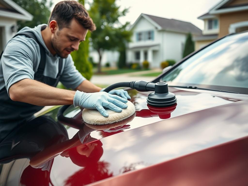A realistic high resolution of a professional mobile detailer polishing