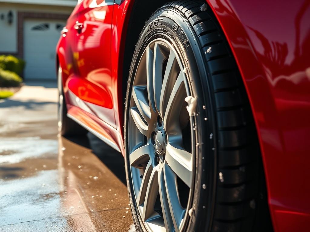 A close up shot of a freshly washed car, showcasing