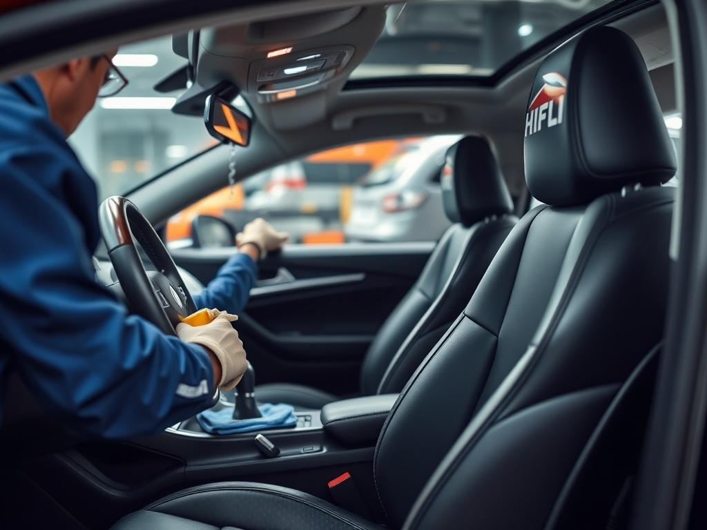 A close up of a car interior being detailed, showcasing