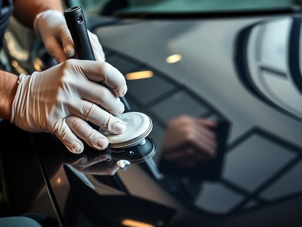 A close up of a car's exterior showing a technician