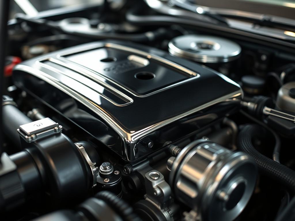 A close-up view of a clean engine bay showcasing shiny metal parts and clean surfaces, emphasizing the detailed work of a mobile detailing service. The background should be blurred to highlight the engine's cleanliness and shine, with a focus on realistic textures and reflections, shot with a 45mm f/1.2 lens.