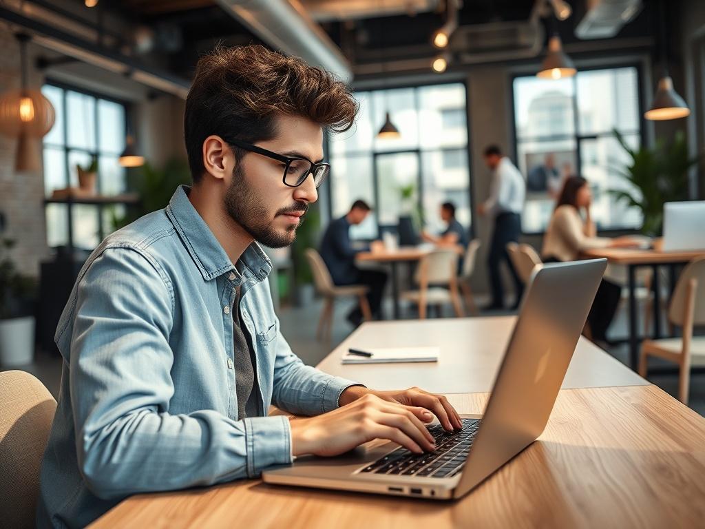 A close-up shot of a freelancer working on a laptop in a bright coworking space, surrounded by modern decor and other professionals. The freelancer appears focused and productive, showcasing a dynamic work environment that symbolizes flexibility and collaboration.
