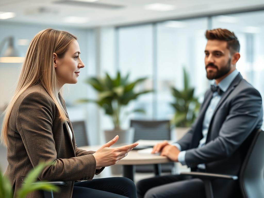 A close-up shot of a professional recruiter conducting an interview with a technical candidate in a modern office setting. The recruiter is focused and engaged, while the candidate appears confident and prepared. The background features a sleek office design, with subtle touches of greenery, capturing a professional yet welcoming atmosphere.