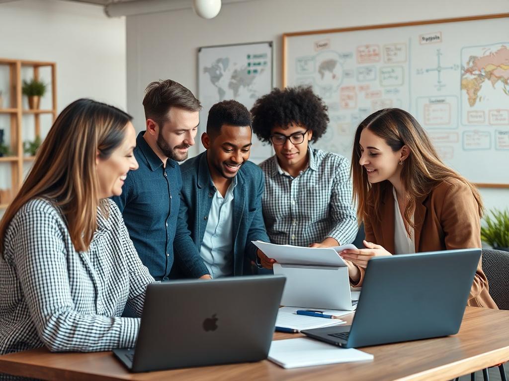 A diverse group of professionals collaborating in a modern workspace, showcasing freelancers and team members engaged in discussions and project planning. The focus is on teamwork and creativity, with laptops, documents, and a whiteboard filled with ideas in the background. The image conveys a sense of flexibility and dynamic work environment.