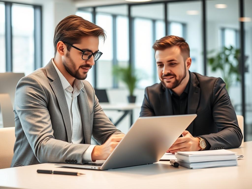 A recruitment consultant in a modern office setting, actively engaging with a client, showcasing a professional atmosphere. The consultant is reviewing resumes on a laptop while discussing with the client, with a focus on their expressions and interaction. The background is clean and organized, emphasizing a productive work environment. The image captures the essence of recruitment and collaboration.