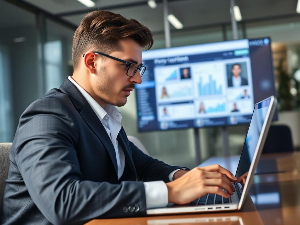A skilled recruiter using AI tools on a laptop in a sleek office, focused on searching for top talent. The background displays recruitment analytics and candidate profiles on the screen, emphasizing technology's role in modern recruitment. The image highlights professionalism and innovation in talent acquisition.