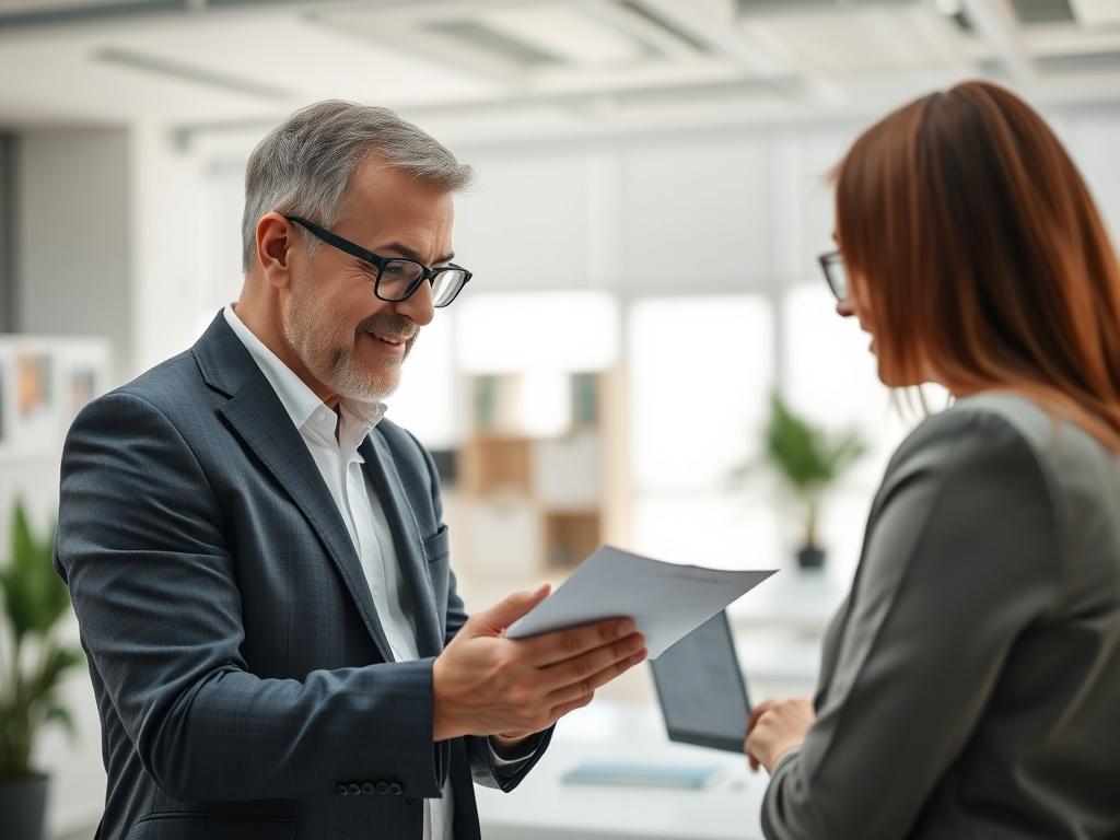 A close-up shot of a recruitment consultant engaging with a candidate in a modern office setting, highlighting a professional and friendly atmosphere. The consultant is reviewing a resume and discussing job opportunities with the candidate. The background is softly blurred, showcasing a clean and organized workspace with natural light streaming in, creating a welcoming environment.