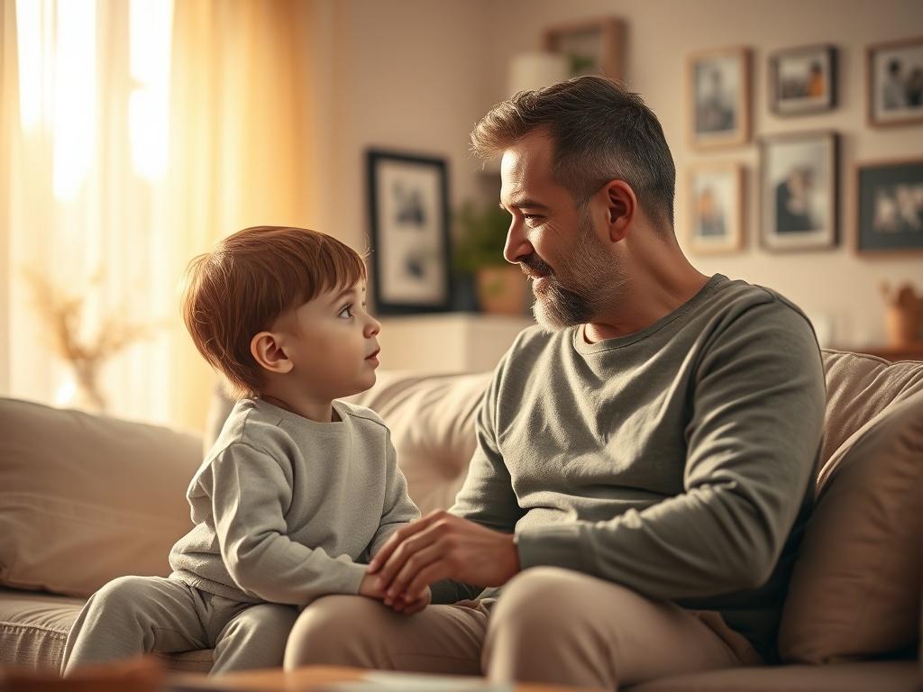A serene and cozy family scene depicting a father and a child engaging in a warm conversation in a softly lit living room. The atmosphere is calm and inviting, with gentle golden hues surrounding them. The father is attentively listening to the child, who is expressing their feelings. The background should have a comfortable sofa, family photos on the wall, and soft lighting to create a nurturing environment.