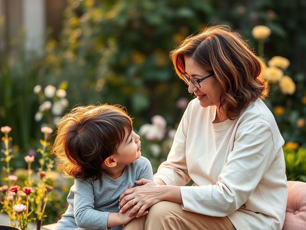 A compassionate caregiver is sitting with a child in a peaceful garden, talking softly and providing emotional support. The environment is calm and serene, with greenery and flowers in the background. The caregiver shows understanding and empathy, creating a safe space for the child to express themselves.