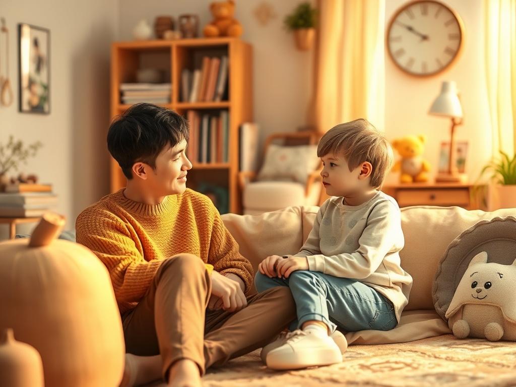 A warm and inviting room with a parent and child sitting together, engaged in a meaningful conversation. The setting has soft lighting and cozy decor, reflecting a serene atmosphere. The parent is attentively listening to the child, who is expressing their feelings. The background includes comforting elements like books, toys, and family photos.