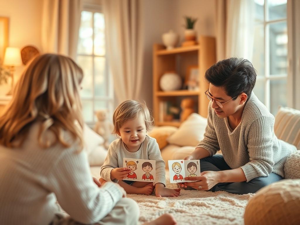 A cozy and bright room where a child is playing with emotion cards, depicting various feelings. The child looks engaged and curious, surrounded by supportive adults who are guiding them. The atmosphere is warm and comforting, with soft colors and inviting decor, creating a nurturing environment.