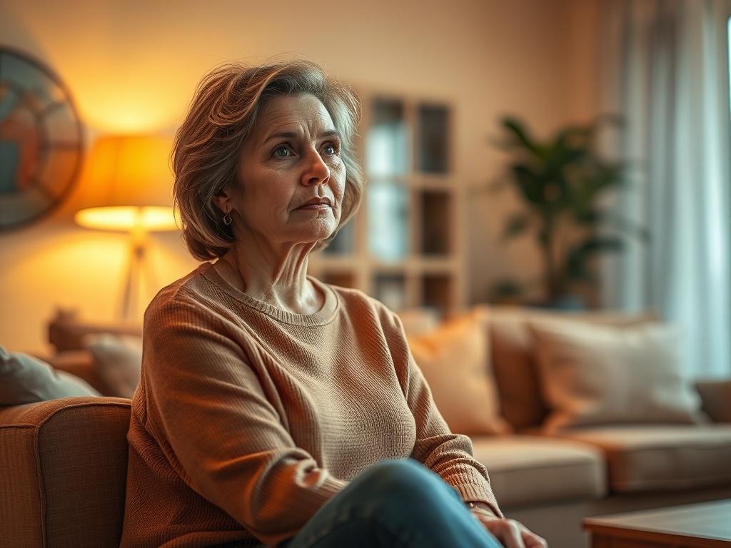 A serene and warm atmosphere with a soft, golden hue. Show a thoughtful woman in her late 30s sitting in a cozy living room, reflecting on her responsibilities as a caregiver. The background should be inviting and comforting, with soft lighting and a peaceful ambiance, emphasizing the importance of parental support and guidance.