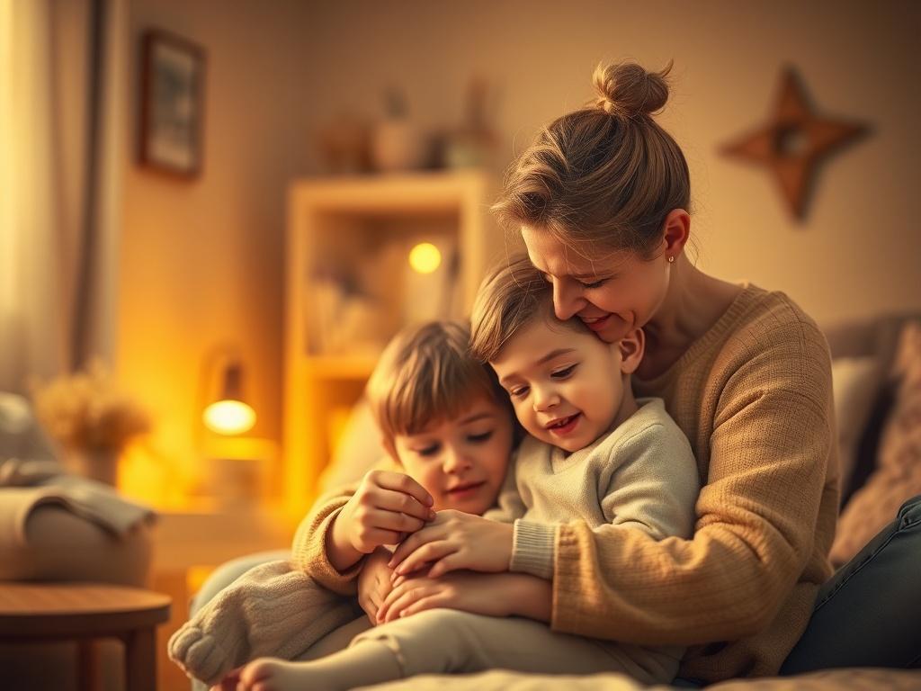 A serene and cozy atmosphere with warm, golden hues. The image features a caring adult engaging with a child in a calm and nurturing setting, surrounded by soft lighting and elements that evoke comfort and safety. The background is a softly blurred home environment, emphasizing the warmth and connection between the two subjects.