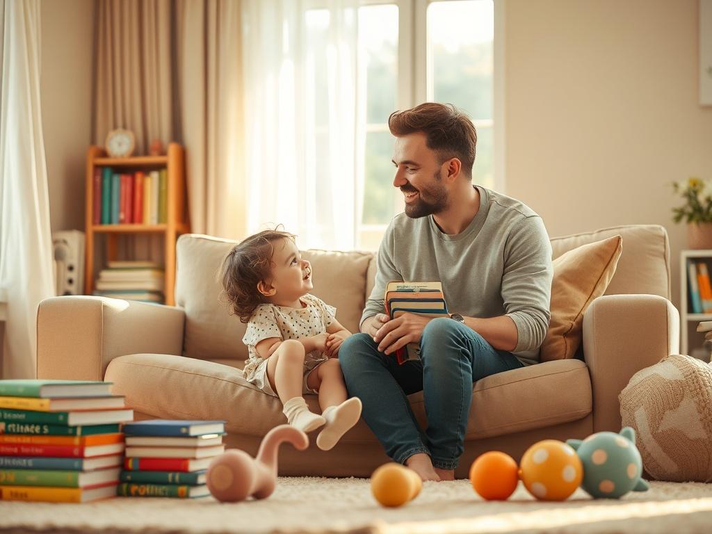 Create a realistic high-resolution photo that captures the essence of understanding children's behavior, reflecting warmth and a nurturing environment. The composition should be simple and clear, featuring a single subject: a compassionate adult—a parent or a teacher—sitting attentively on a cozy sofa while engaging lovingly with a young child. The adult should be bending slightly forward, looking into the child's eyes, conveying understanding and empathy.

The background should depict a serene living room 