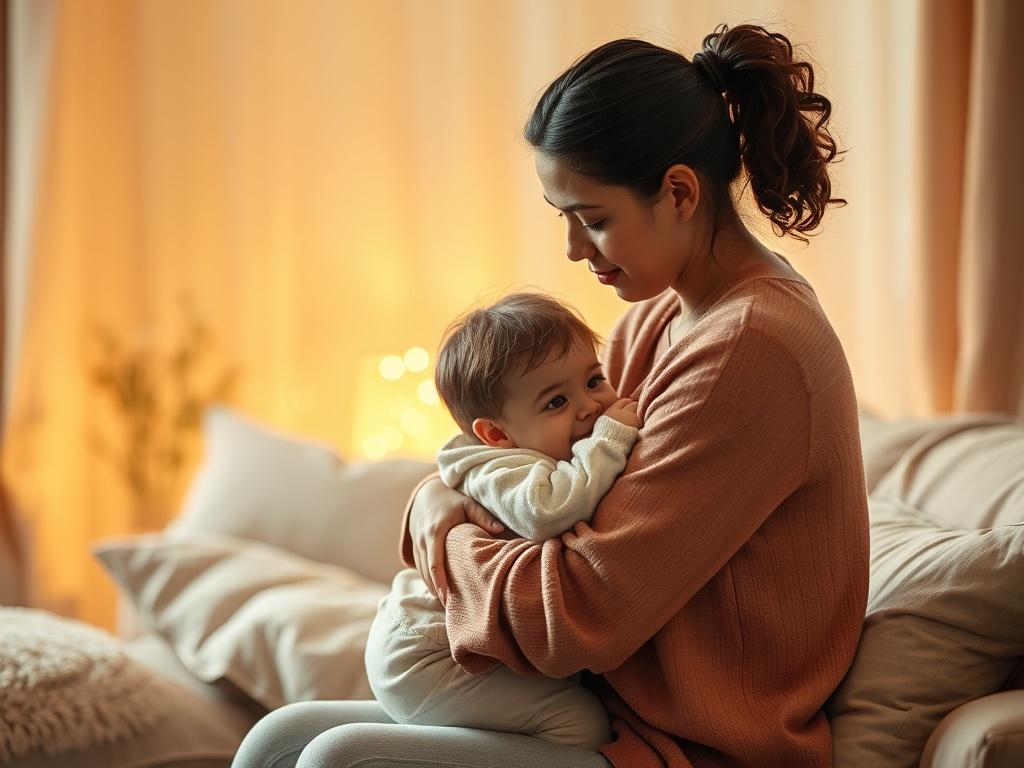 A warm, supportive setting where a caregiver is comforting a child, possibly holding them gently or sitting closely together. The room is softly lit with calming colors, filled with plush cushions and a sense of safety and warmth.