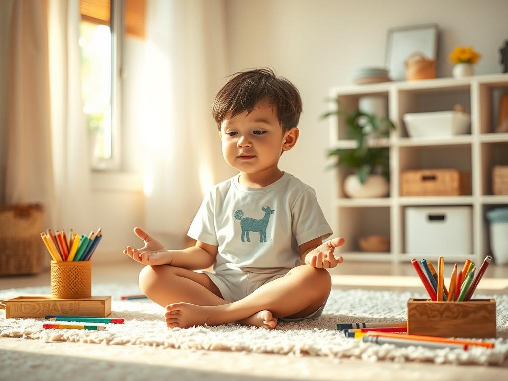 A child sitting cross-legged on a soft carpet, engaged in a calming activity, such as drawing or meditating, with colorful art supplies around. The room is bright and cheerful, with natural light filtering in, creating a peaceful and inviting atmosphere.