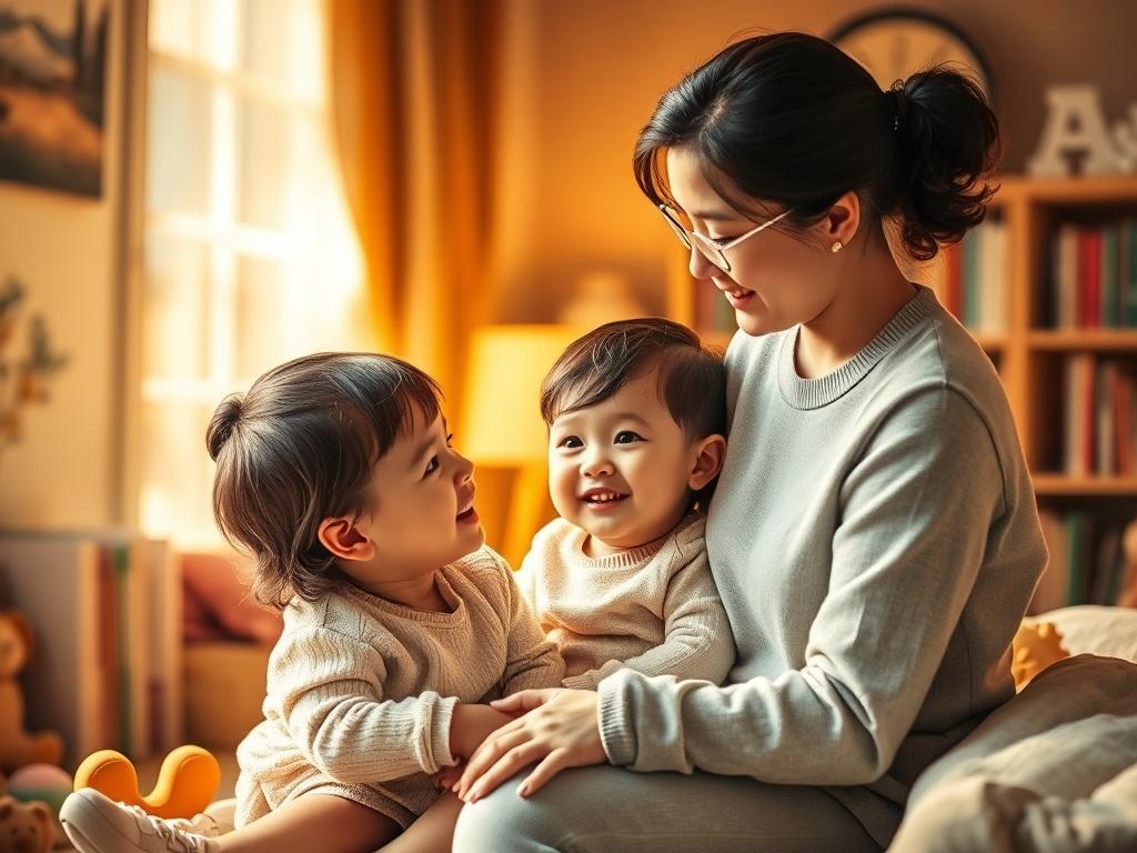 A warm, cozy room with soft lighting, featuring a parent and child engaged in a positive interaction. The background shows books and toys, symbolizing a nurturing environment. The atmosphere is serene and inviting, with golden hues that create a sense of comfort and safety.